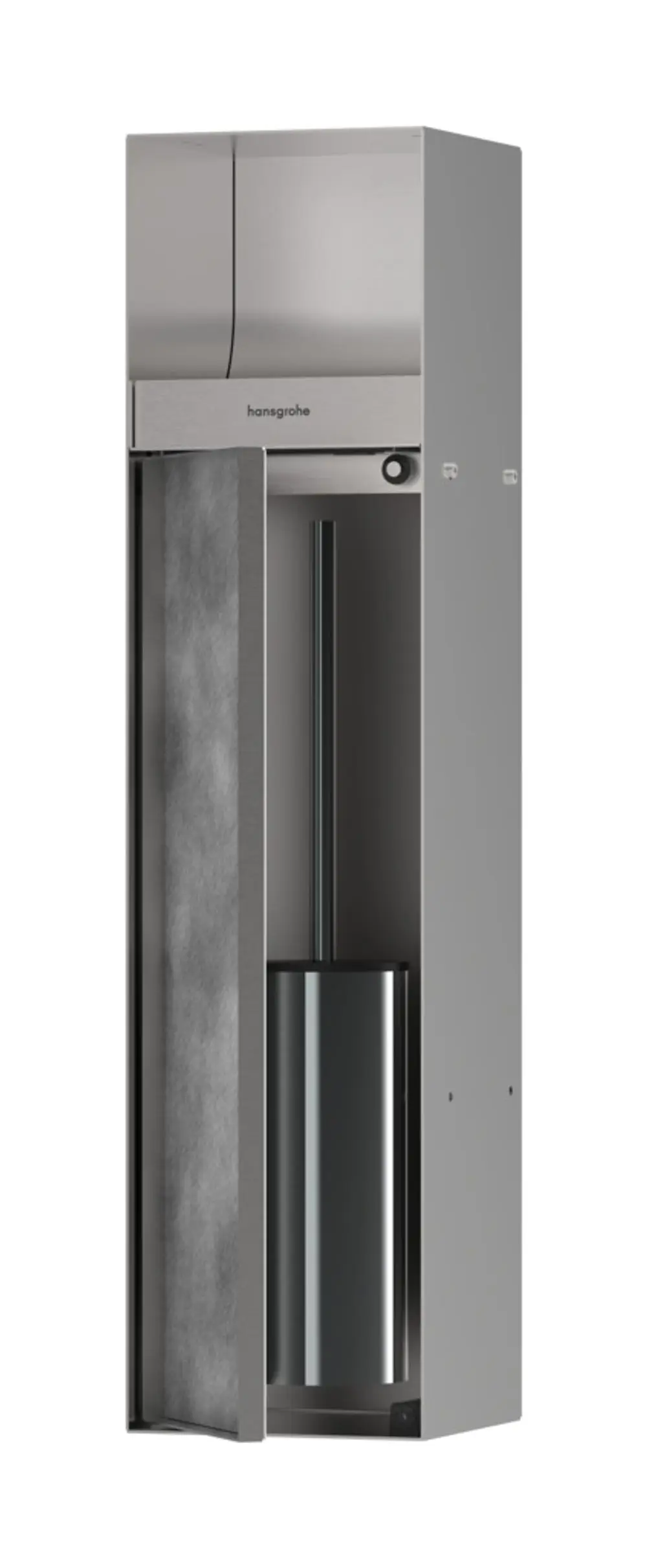 Edelstahl-Toilettenbürstenhalter mit Papierhalter von Hansgrohe, mit befliesbarer Tür, für die Wandmontage konzipiert.